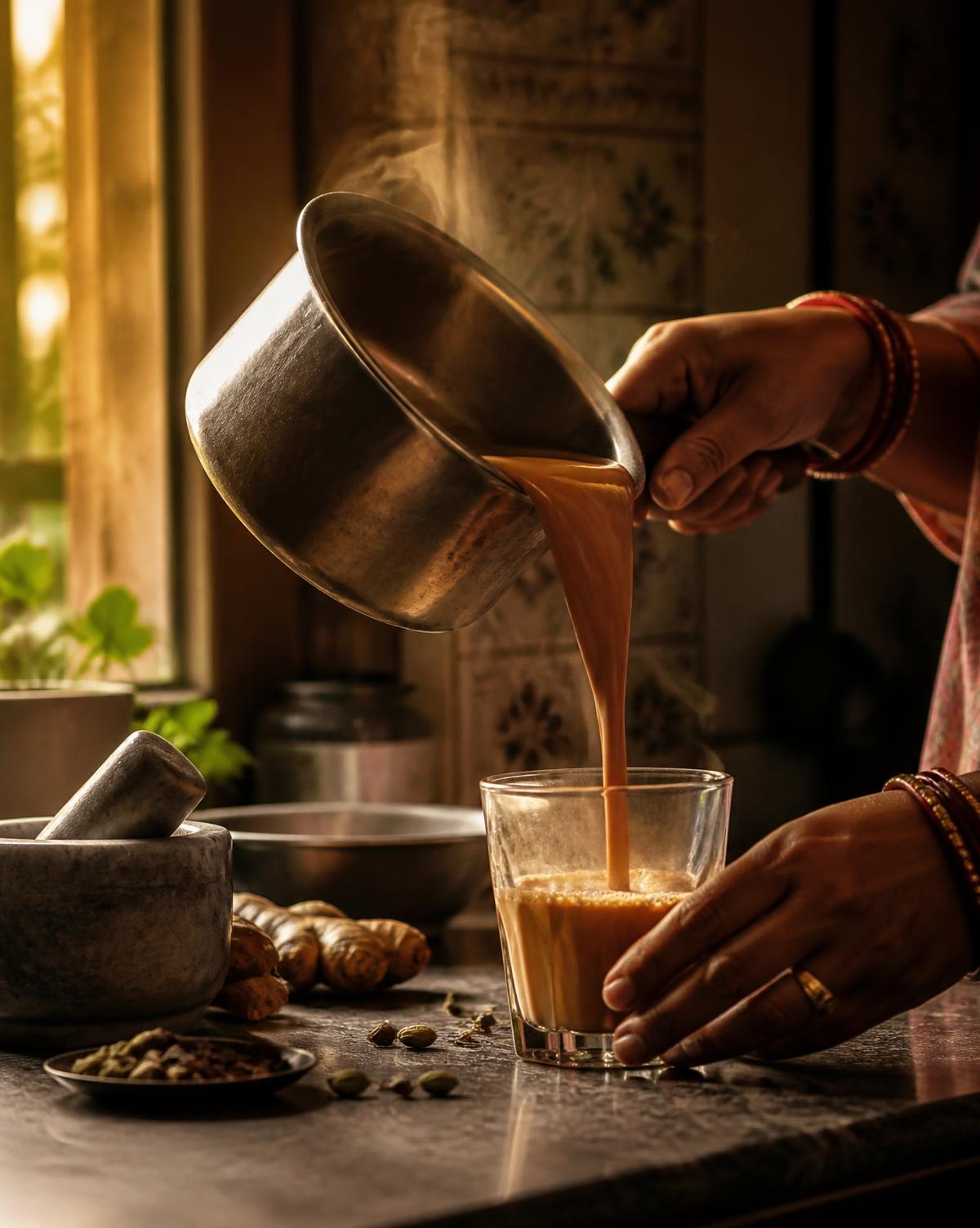 Masala chai being poured into a glass in a warm Indian kitchen