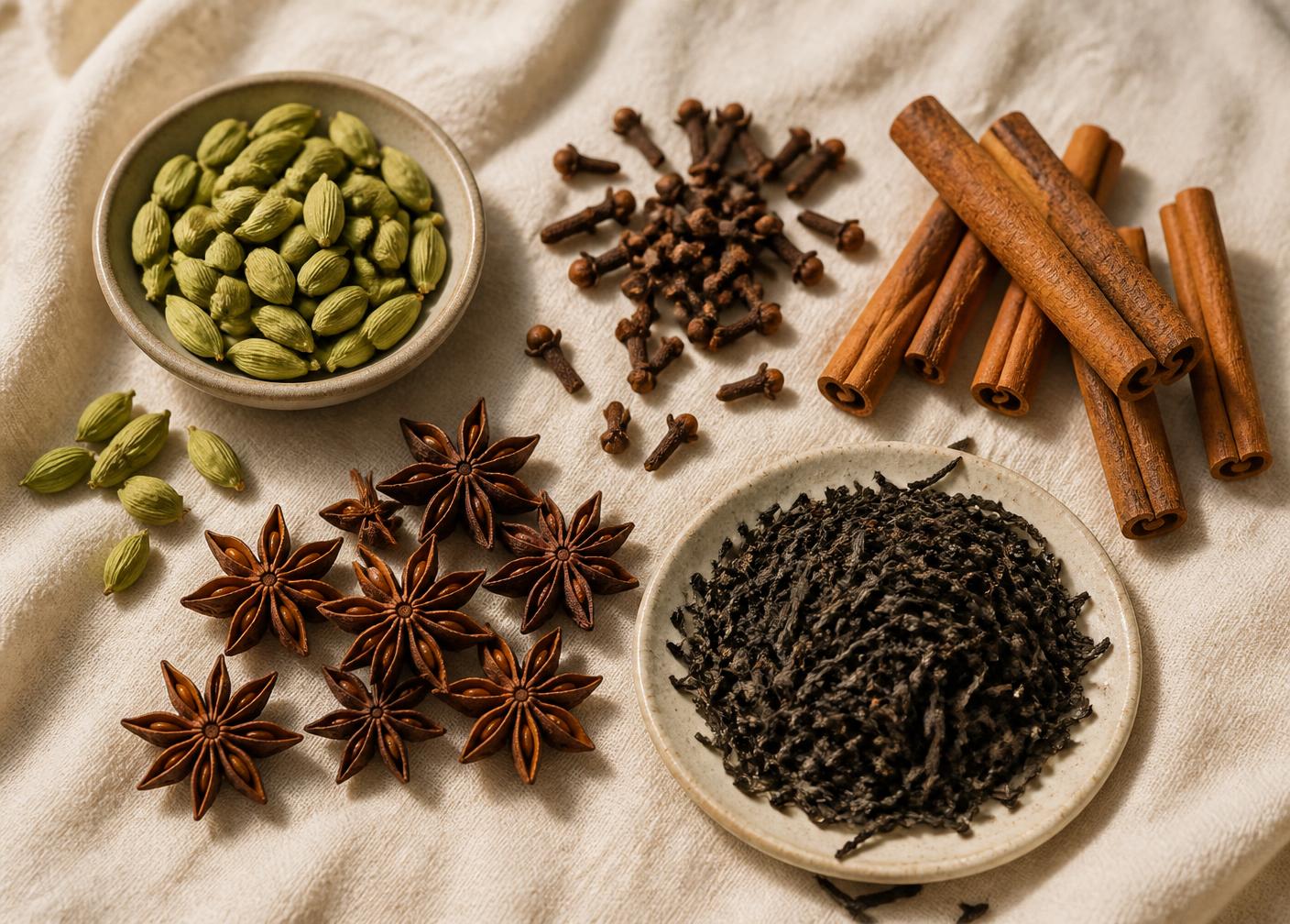 Cardamom, cloves, cinnamon and black tea leaves arranged on linen